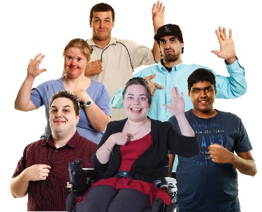 A diverse group of people with disability pointing at themselves. 