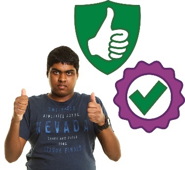 A person giving 2 thumbs up next to a safety icon and a quality badge icon.