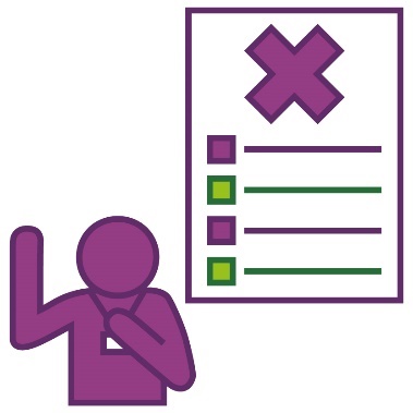 A provider pointing to themself with their other hand up, and a checklist with a cross on it.