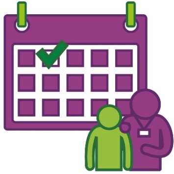 A calendar showing a month with 1 day ticked, and a support worker supporting someone.