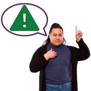 A person pointing to themself with their other hand raised, and a speech bubble showing a problem icon.