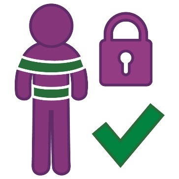 A person in restraints next to a lock icon, and a tick.