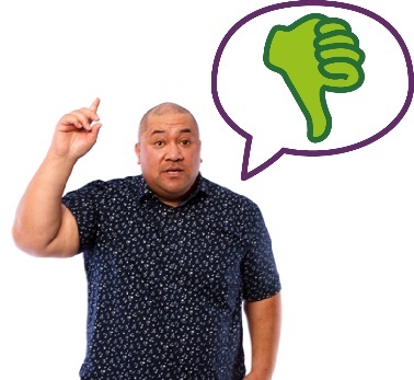 A person raising their hand to say something. Above them is a speech bubble showing a thumbs down.