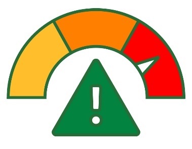 A scale showing high risk, and a problem icon.