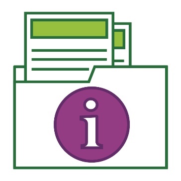 A folder with an information icon on it. Inside are documents.