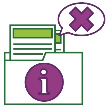 A folder with an information icon on it. Inside are documents with a speech bubble showing a cross.