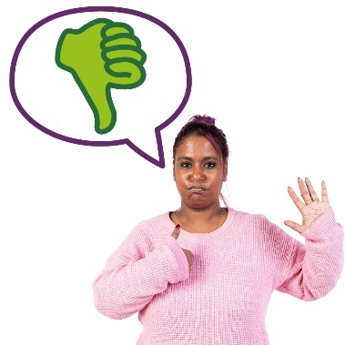 A person pointing to themself with their other hand raised, and a speech bubble showing a thumbs down.