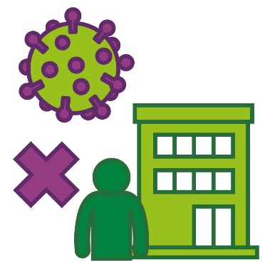 A COVID-19 germ above a person outside a building and a cross.