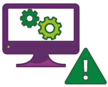 A computer screen showing 2 cogs, and a problem icon.