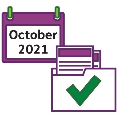 A calendar showing October 2021, and a folder with documents in it and a tick.