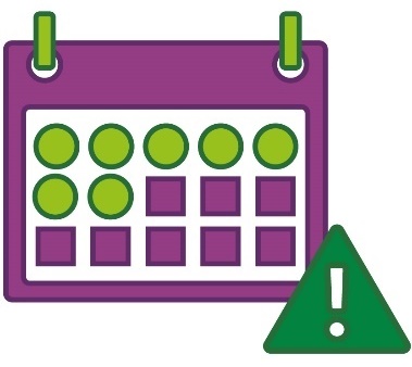 A calendar with a group of days highlighted, and a problem icon.