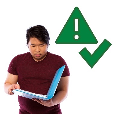 A person reading a folder next to a problem icon and a tick.