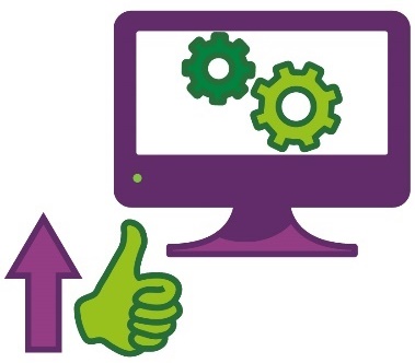 A thumbs up with an arrow pointing up next to a computer screen showing 2 cogs.