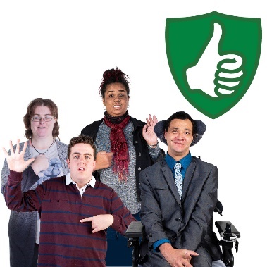 A safety icon over a diverse group of people with disability.