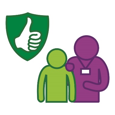 A safety icon above a support worker supporting someone.