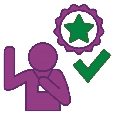 A provider pointing to themself with their other hand raised, next to a skills badge and a tick.