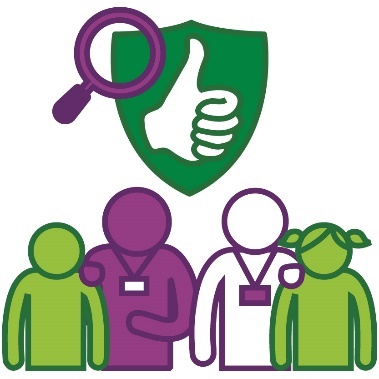 A magnifying glass on a safety icon above a support worker supporting a young person, and a support worker supporting a child.