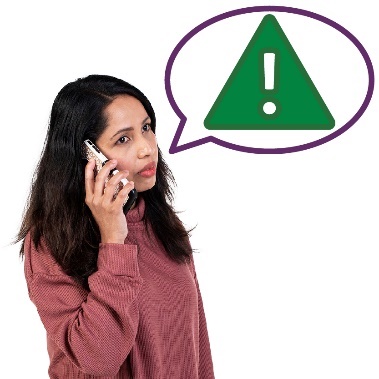 A person using a phone with a speech bubble showing a problem icon.