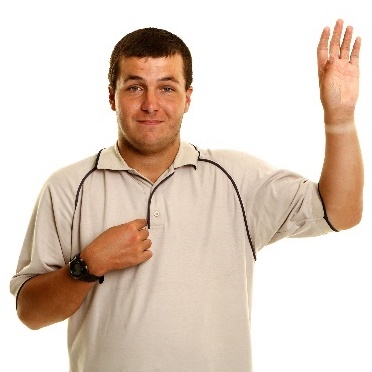 A person pointing to themself with their other hand raised.