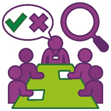 A group of people having a meeting. Above them is a magnifying glass next to a tick and cross inside a speech bubble.