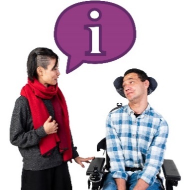 2 people having a conversation. Above them is an information icon inside a speech bubble.