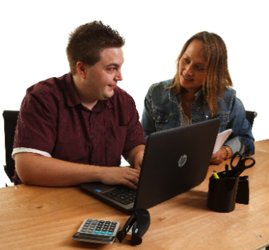 2 people using a laptop together.