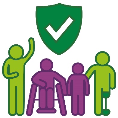 A safety icon above a diverse group of people with disability.