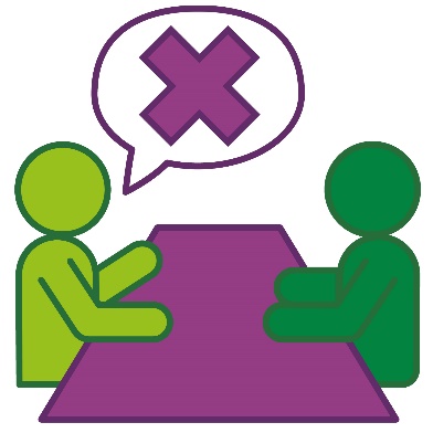 2 people having a conversation. Next to one of them is a cross inside a speech bubble.