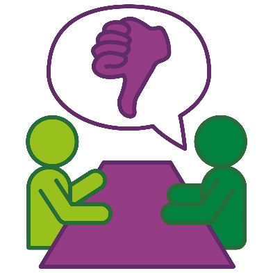 2 people having a conversation. Next to one of them is a thumbs down inside a speech bubble.