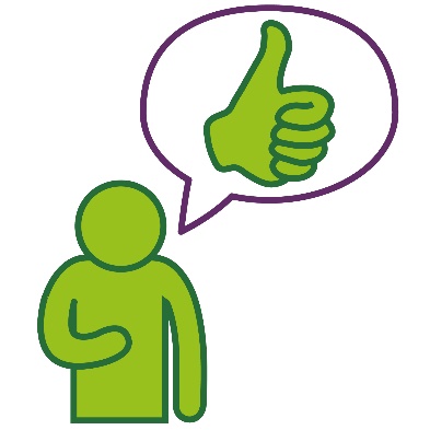 A person pointing to themselves next to a thumbs up inside a speech bubble.