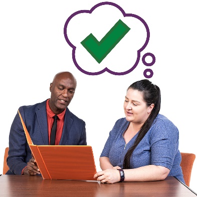 2 people reading a document together. Above one of them is a tick inside a thought bubble.