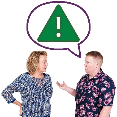2 people having a conversation. Next to one of them is a problem icon inside a speech bubble.