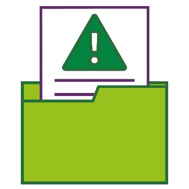 A folder with a document poking out of it. On the document is a problem icon.