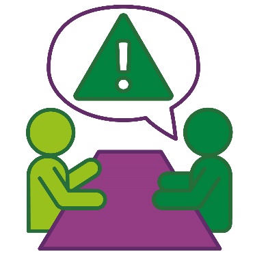 2 people having a conversation. Next to one of them is a problem icon inside a speech bubble.