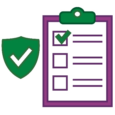 A safety icon next to a clipboard with checkboxes on it. One of the checkboxes is ticked.