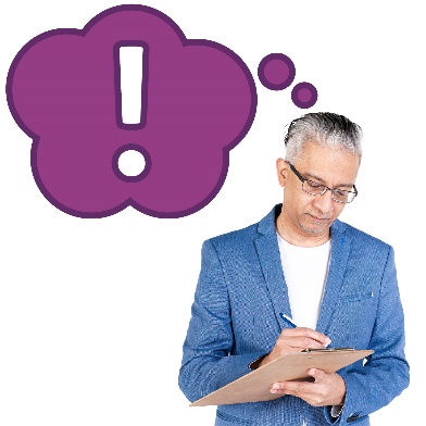 An importance icon inside a thought bubble next to a person writing on a document.