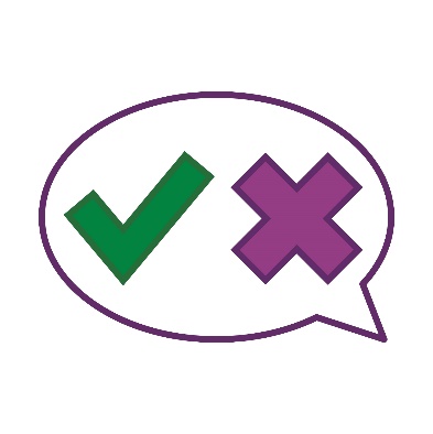 A tick and a cross inside a speech bubble.