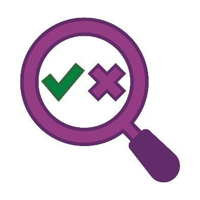 A tick and a cross inside a magnifying glass.