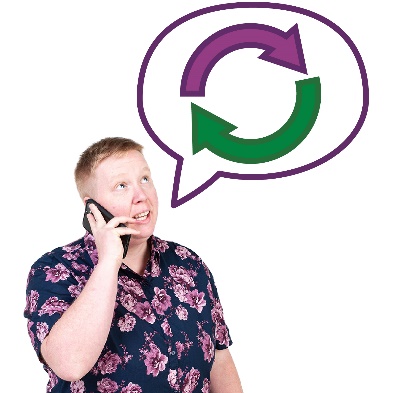 A person using a phone next to a change icon inside a speech bubble.