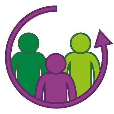 An arrow curved around a group of people.