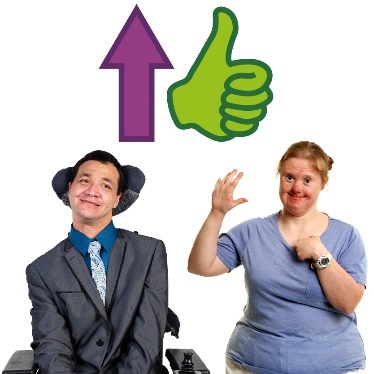 2 people below an upwards arrow and a thumbs up.