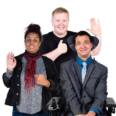 A diverse group of people smiling and pointing to themselves.