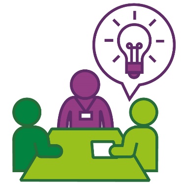 3 people in a meeting. Above them is a lightbulb in a speech bubble.