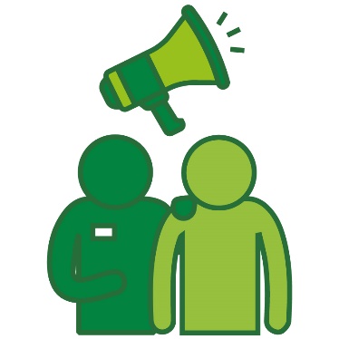 A megaphone above a person supporting someone else.