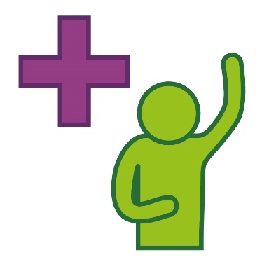 A person with their hand raised next to a plus symbol.