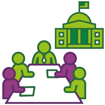 A government building next to people having a meeting.