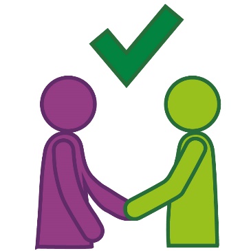 A tick above 2 people shaking hands.