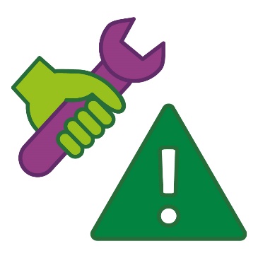 A hand holding a tool next to a problem icon.
