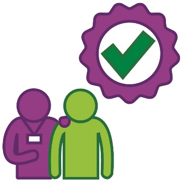 A provider supporting someone next to a badge with a tick on it.