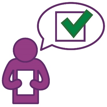 A person holding a document. Above them is a speech bubble with a tickbox in it.